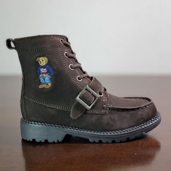 Polo Ralph Lauren Bear Leather Suede Brown Ranger Combat Boots Kids Sizes New - Picture 2 of 11